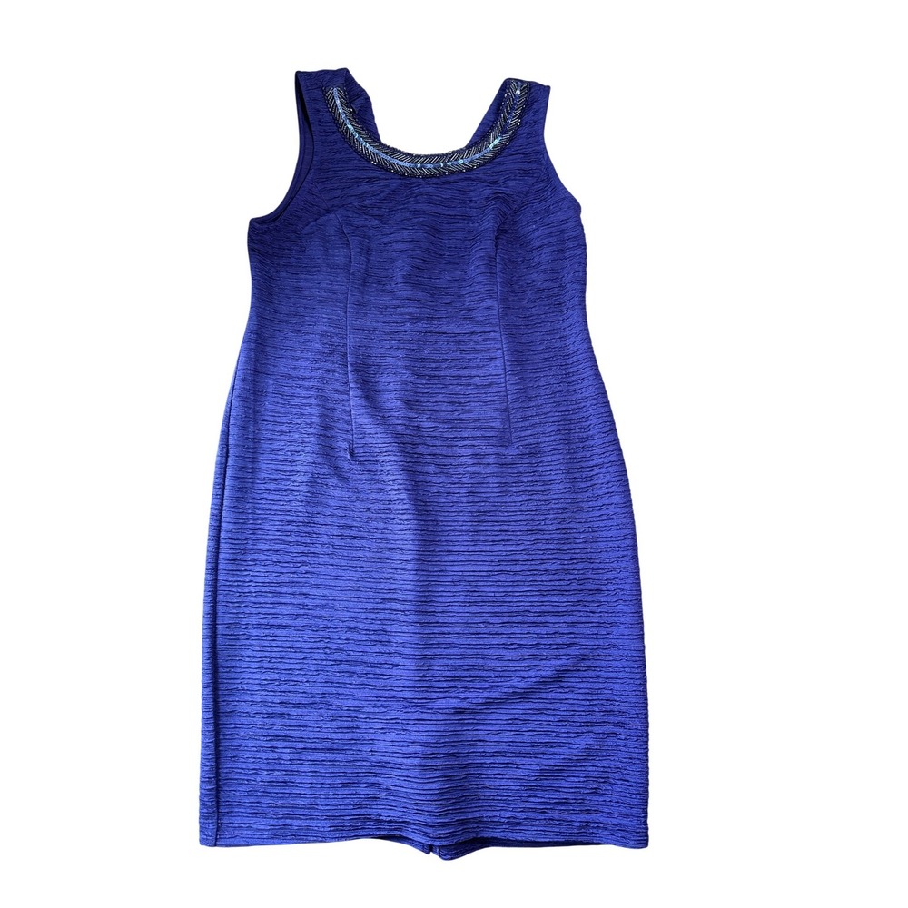 Maya Brooke‎ Womens Royal Blue Textured Beaded Neck Sheath Dress Size 12